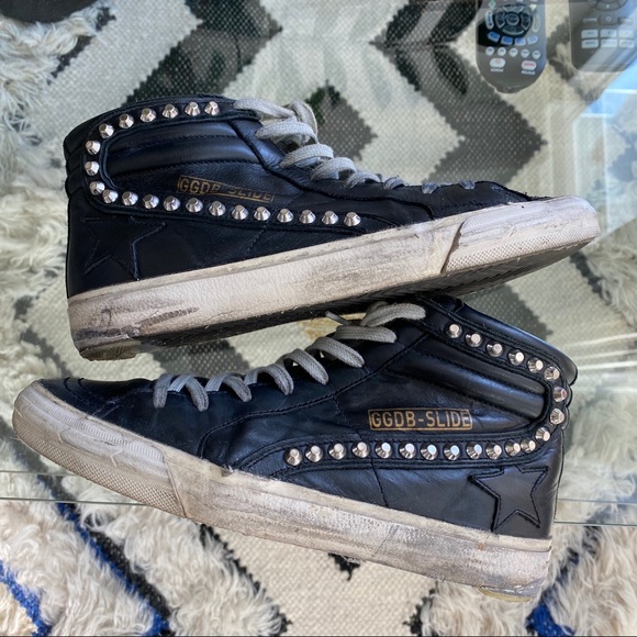 golden goose black studded slides